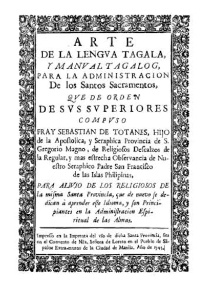 Portada del manual de Tagalo de fray Sebastián de Totanés.