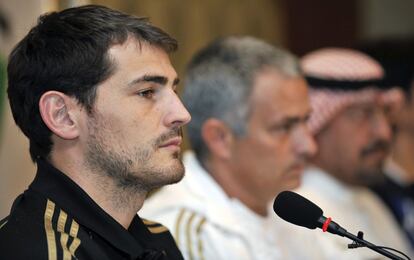 Iker Casillas, portero y capitán del Real Madrid, compareció en la rueda de prensa junto a Jose Mourinho.