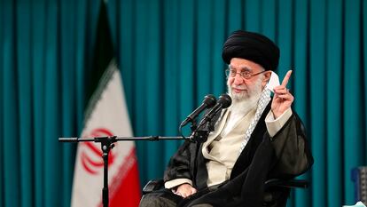 In this picture released by the official website of the office of the Iranian supreme leader, Supreme Leader Ayatollah Ali Khamenei speaks in a meeting with a group of students in Tehran, Iran, Wednesday, Oct. 19, 2022. (Office of the Iranian Supreme Leader via AP)