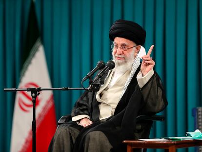 In this picture released by the official website of the office of the Iranian supreme leader, Supreme Leader Ayatollah Ali Khamenei speaks in a meeting with a group of students in Tehran, Iran, Wednesday, Oct. 19, 2022. (Office of the Iranian Supreme Leader via AP)