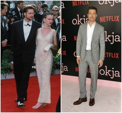 Brad Pitt y su entonces pareja, la también actriz Juliette Lewis, en los premios Oscar de 1992. A la derecha, el actor el pasado 9 de junio en el estreno de 'OKJA'.