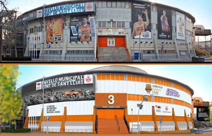 Imagen proporcionada por el Ayuntamiento de Valencia del antes y después de la remodelación prevista en el pabellón deportivo.