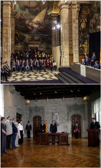 En la imagen superior, toma de posesión de Puigdemont el pasado 12 de enero de 2016. En la de abajo, toma de posesión de Quim Torra este jueves.