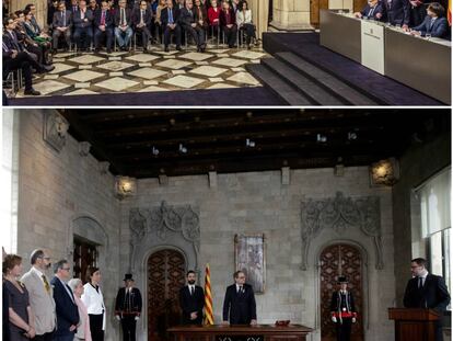 En la imagen superior, toma de posesión de Puigdemont el pasado 12 de enero de 2016. En la de abajo, toma de posesión de Quim Torra este jueves.