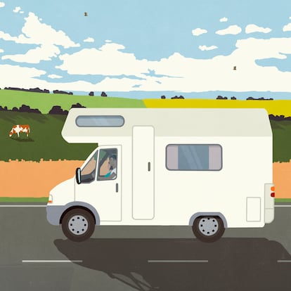 Man on vacation driving camper on road along sunny, idyllic rural farmland