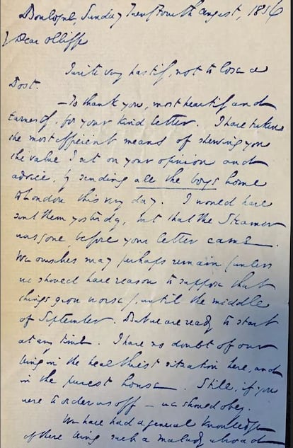 La carta que Dickens escribió a James Olliffe, fechada el 24 de agosto de 1856.