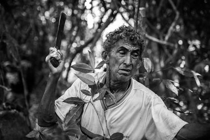 O mateiro Chico Catitu abrindo caminho na floresta.