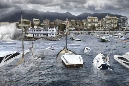 Imagen cedida por Greenpeace de un montaje de como se vería afectada la ciudad de Marbella por la subida del nivel del mar en 2100.