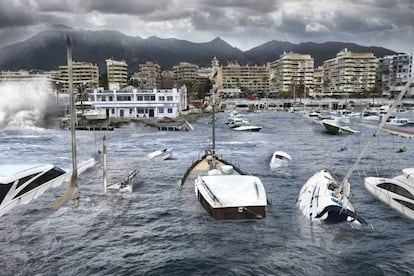 Imagen cedida por Greenpeace de un montaje de como se vería afectada la ciudad de Marbella por la subida del nivel del mar en 2100.