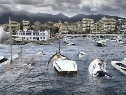 Imagen cedida por Greenpeace de un montaje de como se vería afectada la ciudad de Marbella por la subida del nivel del mar en 2100.