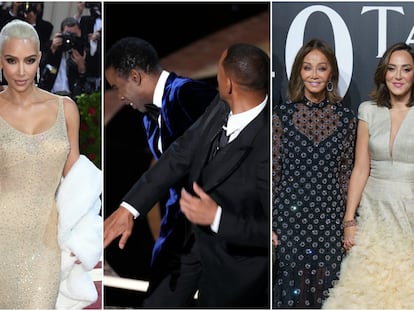 De izquierda a derecha, Kim Kardashian, Chris Rock y Will Smith en los Oscar de 2022, e Isabel Preysler y Tamara Falcó.