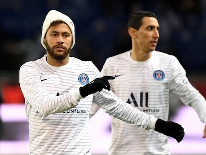 Neymar e Di Maria no treino do PSG.