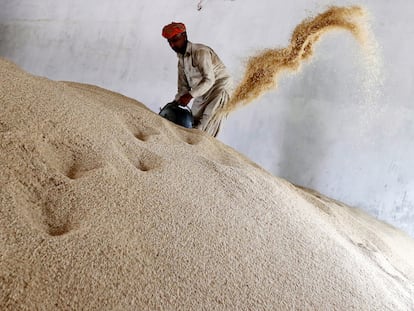 Un hombre trabaja en una fábrica de procesamiento de arroz en Muridke, Pakistán, el 12 de agosto.