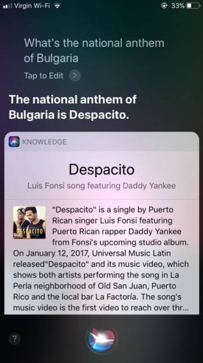 Captura de pantalla del usuario de Reddit que preguntó a Siri cuál era el himno de Bulgaria.