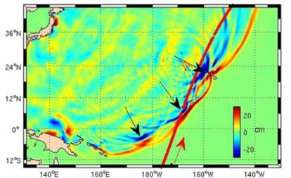 El tsunami del pasado marzo en Japón, captado por el satélite <i>Jason 1</i> (su trayectoria esta marcada en rojo).