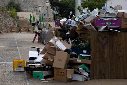 Garbage sits piled up in Ibiza's old town on Thursday.