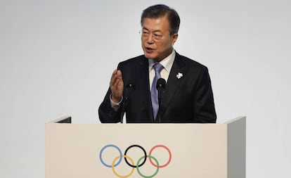 El presidente de Corea del Sur, Moon Jae-in, durante la ceremonia de apertura de los Juegos Olímpicos de Gangneung.