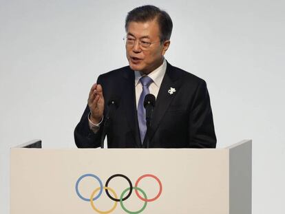 El presidente de Corea del Sur, Moon Jae-in, durante la ceremonia de apertura de los Juegos Olímpicos de Gangneung.