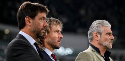 Andrea Agnelli, presidente; Pavel Nedved, vicepresidente; y Maurizio Arrivabene, consejero delegado de la Juventus de Turín.