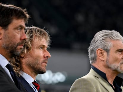 Andrea Agnelli, presidente; Pavel Nedved, vicepresidente; y Maurizio Arrivabene, consejero delegado de la Juventus de Turín.