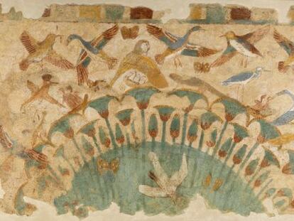 Pintura egipcia de pájaros revoloteando sobre una ciénaga, de la colección del Louvre.