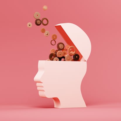 Conceptual image of a two dimensional head shape with an opening revealing a large cluster of gear wheels in place of the brain and gears flying out as well, could illustrate ideas around AI, thinking and sharing knowledge
