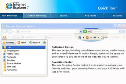 Imagen de la visita guiada que Microsoft utiliza para presentar el futuro IE7. Navegación por pestañas y RSS son el principal gancho que utiliza la empresa de Gates para atraer consumidores.
