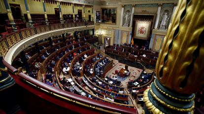 Vista del hemiciclo durante la intervención del presidente del Gobierno, Pedro Sánchez en la moción de censura de Vox.