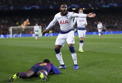 El defensa del Tottenham Danny Rose, reacciona tras abordar al defensa del Barcelona Nelson Semedo. 