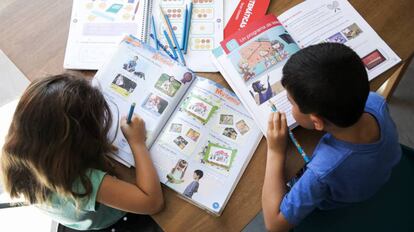 Dos niños con libros de texto de primaria.