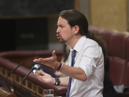 Pablo Iglesias, durante el debate de la moci&oacute;n de censura