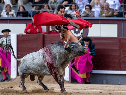 Voltereta sufrida por Gómez del Pilar durante la faena de muleta a su primer toro.