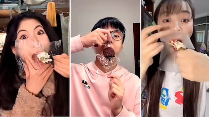Comer con un plástico en la boca tendencia en redes sociales