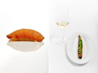 Un pescado madurado con una técnica japonesa; a la derecha, el plato 'Raíces y tubérculos'.