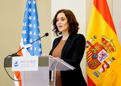 La presidenta de Madrid, Isabel Díaz Ayuso, durante la comparecencia.