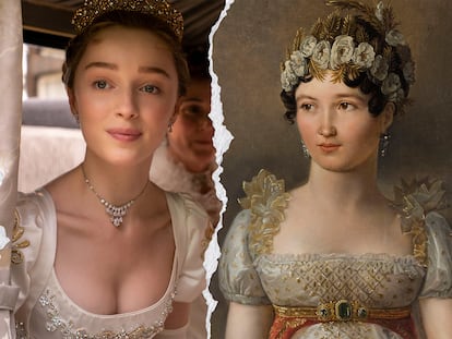 La protagonista de la serie de Netflix, la actriz Phoebe Dynevor, y dos retratos de la época en la que se ambienta la ficción: la emperatriz rusa Elizabeth Alexeievna y Carolina Bonaparte, reina consorte de Nápoles.