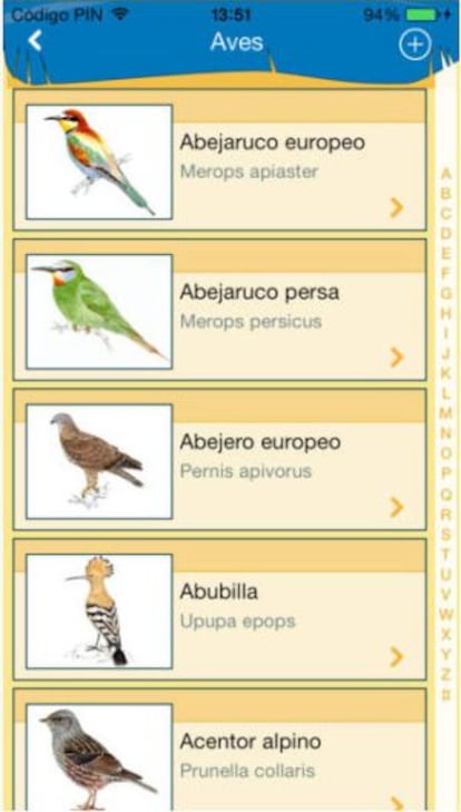 Captura de pantalla de la 'app' de SEO/Birdlife.