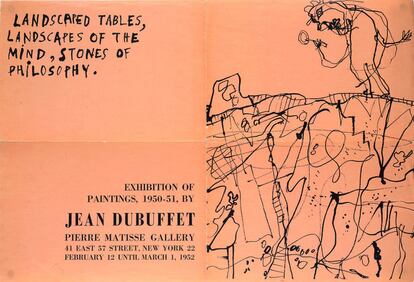 Cartel de invitación para la exposición 'Jean Dubuffet, Mesas ajardinadas, Paisajes de la mente, Piedras de la filosofía' (1952) que tuvo lugar en la galería neoyorquina de Matisse.