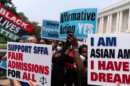 Demonstrators protest outside of the Supreme Court in Washington, Thursday, June 29, 2023, after the Supreme Court struck down affirmative action in college admissions, saying race cannot be a factor.