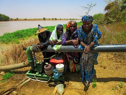 Djiby Ly, Djenaba Demba, Binta Cámara y Aminata Ba junto al río Doué y la bomba que extrae el agua para conducirlo a su huerto, en Guedé. 