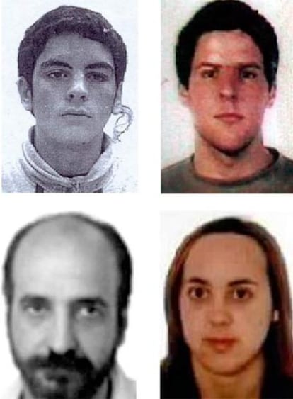 De izquierda a derecha: Ander Múgica Andonegi, Oihan Barandalla Goñi, Luis Ignacio Iruretagoyena Lanz "Suni" y Alaitz Aramendi Jaunarena. Los cuatro presuntos etarras fueron detenidos hoy en una operación llevada a cabo por la Guardia Civil y las fuerzas de seguridad francesas en Cahors, cerca de Toulouse.
