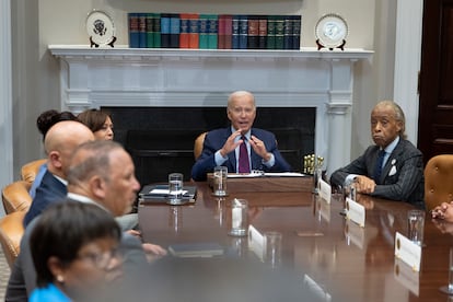 US President Joe Biden (C) participates in a meeting with organizers of the 60th anniversary of the March on Washington and members of the King Family at the White House in Washington, DC, USA, 28 August 2023.