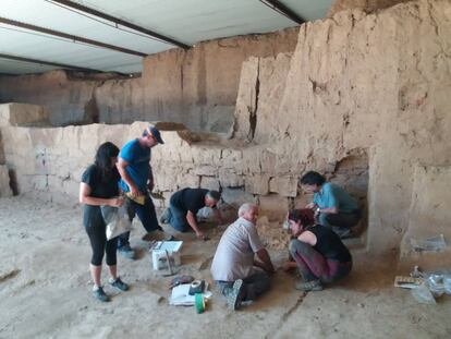 Arqueòlegs treballant en les restes d'un cavall sacrificat al pati de l'edifici del Turuñuelo, dimecres passat.