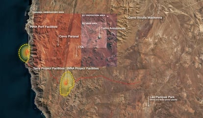 Mappa degli osservatori dell'ESO al Cerro Paranal (operazione VLT IN), Cerro Armazones (ELT, in costruzione) e CTA, in progettazione. Sono inoltre indicate le aree corrispondenti di proprietà dell'ESO.