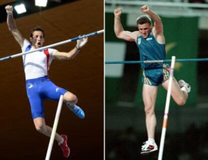 Comparação dos saltos de Lavillenie e Bubka em duas imagens de arquivo.