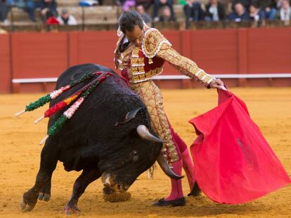 El torero colombiano Luis Bolívar torea al natural al cuarto toro de la tarde, en la Maestranza.