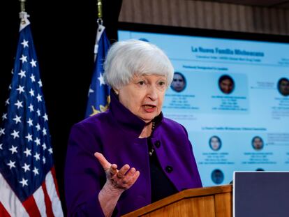 La secretaria del Tesoro de Estados Unidos, Janet Yellen, este jueves al anunciar las sanciones.