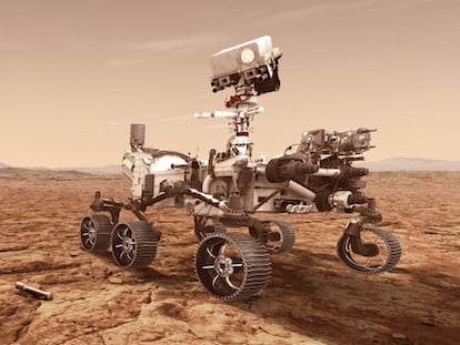 UNSPECIFIED: In this concept illustration provided by NASA, NASA's Perseverance (Mars 2020) rover will store rock and soil samples in sealed tubes on the planet's surface for future missions to retrieve in the area known as Jezero crater on the planet Mars. A key objective for Perseverance's mission on Mars is astrobiology, including the search for signs of ancient microbial life. The rover will characterize the planet's geology and past climate, paving the way for human exploration of the Red Planet, and be the first mission to collect and cache Martian rock and regolith. (Photo illustration by NASA via Getty Images)