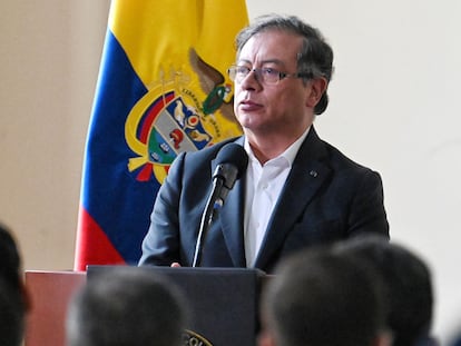Colombian President Gustavo Petro speaks during the presentation of a pension reform bill at the Congress in Bogot� on March 22, 2023. (Photo by Juan Barreto / AFP)
