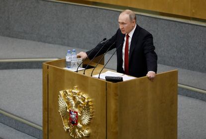 El presidente de Rusia, Vladímir Putin, en el Parlamento en Moscú, este martes.